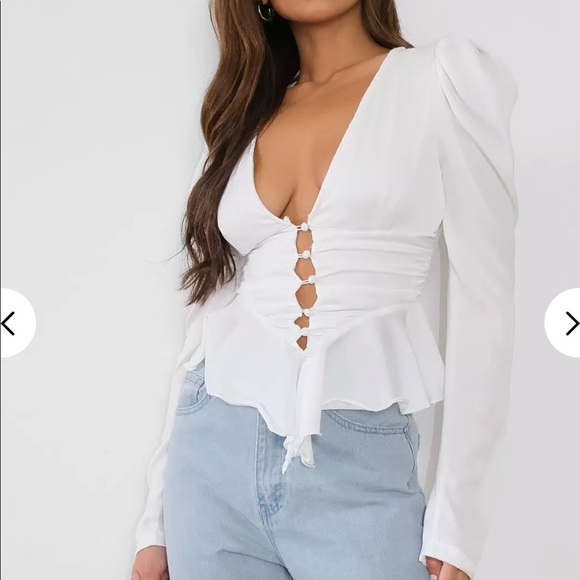 white button up satin peplum cinch waist blouse - Picture 2 of 6